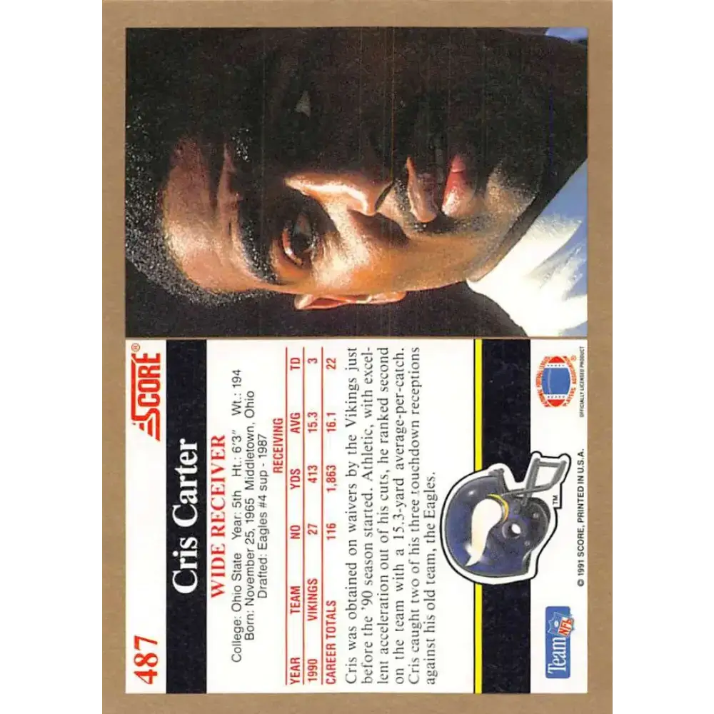 1991 Score #487 Cris Carter EX Excellent Minnesota Vikings Football Card - Football Card Single