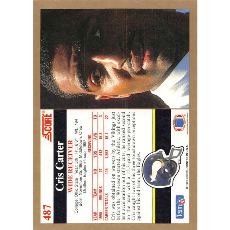 1991 Score #487 Cris Carter EX Excellent Minnesota Vikings Football Card - Football Card Single