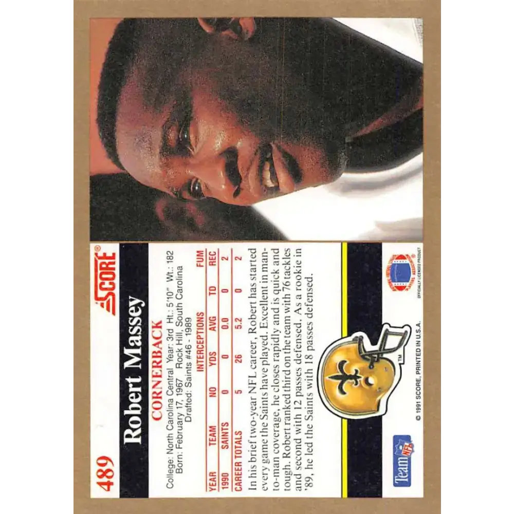 1991 Score #489 Robert Massey EX Excellent New Orleans Saints Football Card - Football Card Single