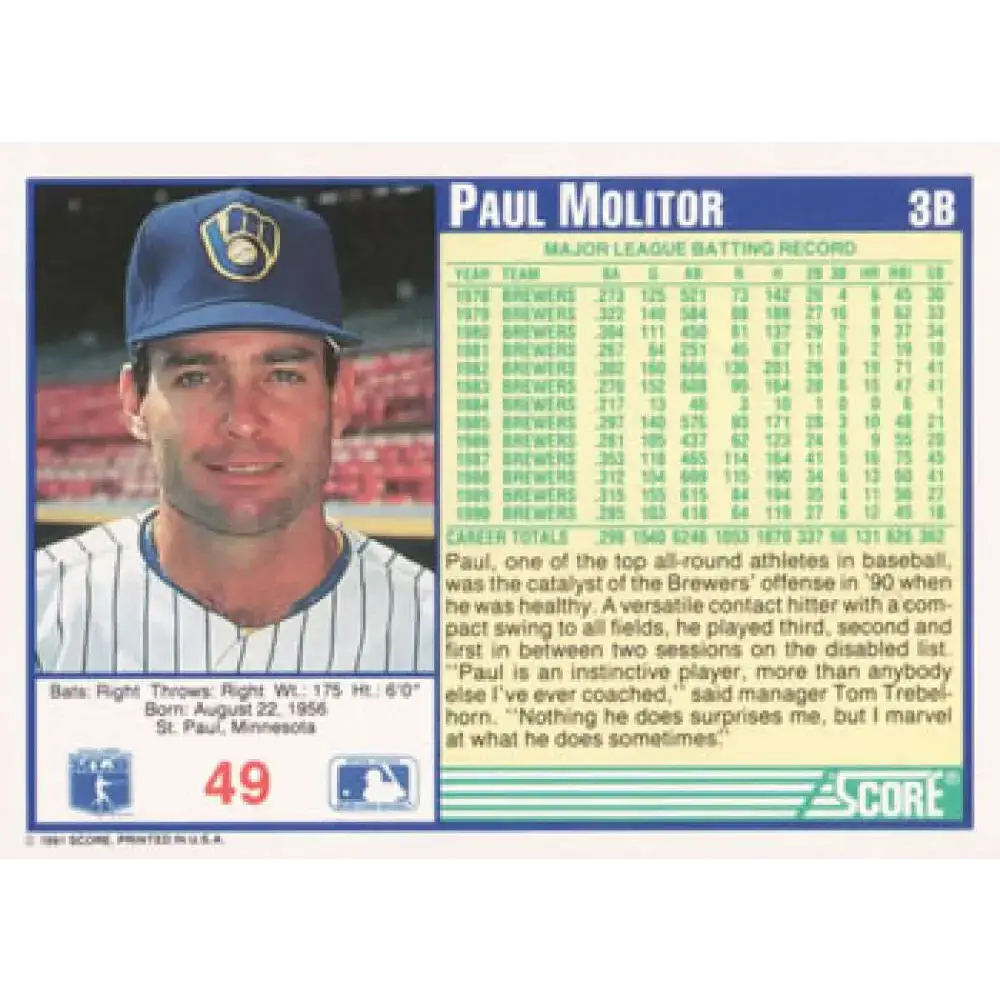 1991 Score #49 Paul Molitor NM-MT Milwaukee Brewers Baseball Card - Baseball Card Single