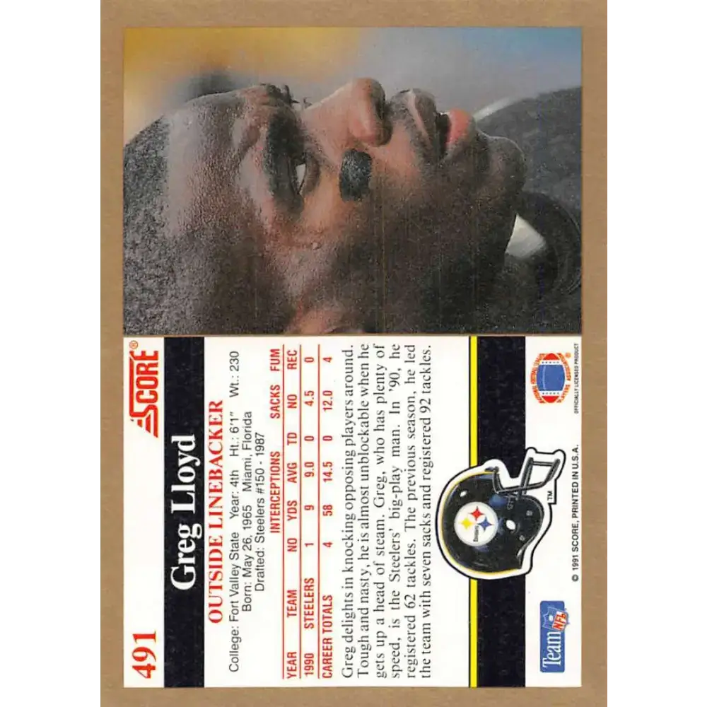 1991 Score #491 Greg Lloyd EX Excellent Pittsburgh Steelers Football Card - Football Card Single