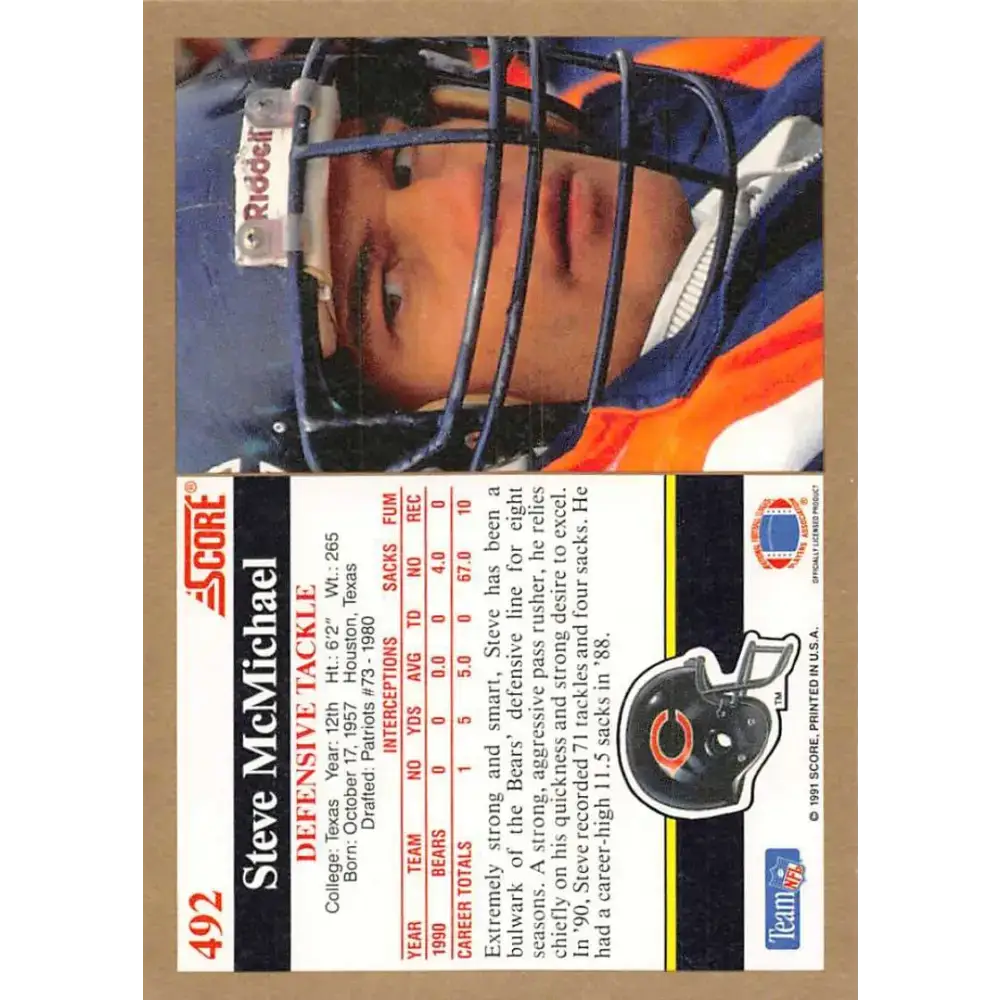 1991 Score #492 Steve McMichael EX Excellent Chicago Bears Football Card