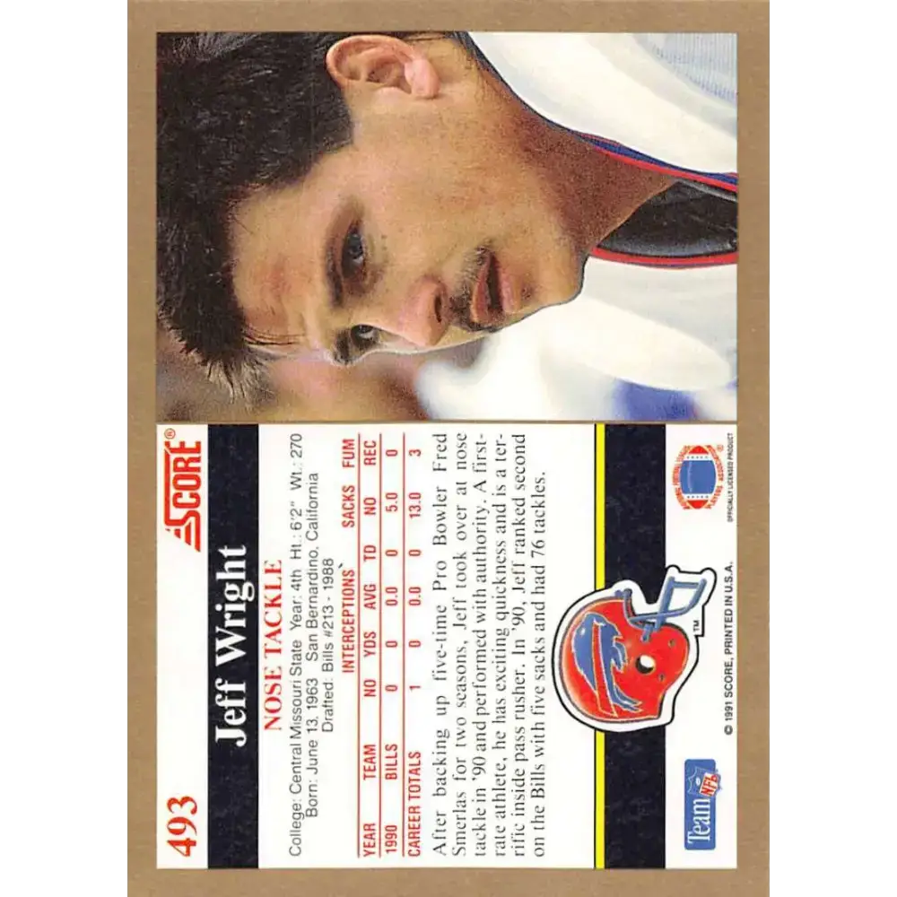 1991 Score #493 Jeff Wright EX Excellent RC Rookie Buffalo Bills Football Card - Football Card Single