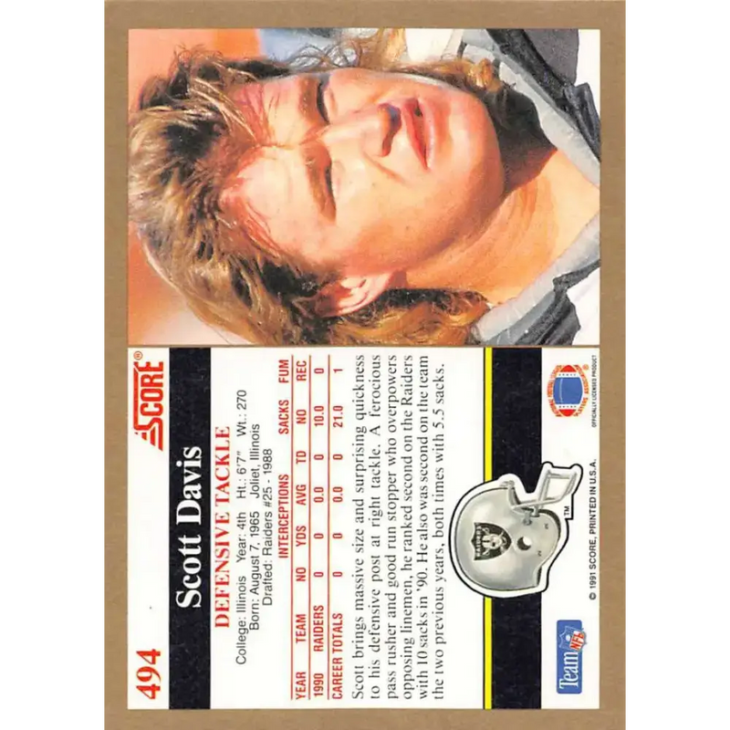 1991 Score #494 Scott Davis EX Excellent Los Angeles Raiders Football Card - Football Card Single