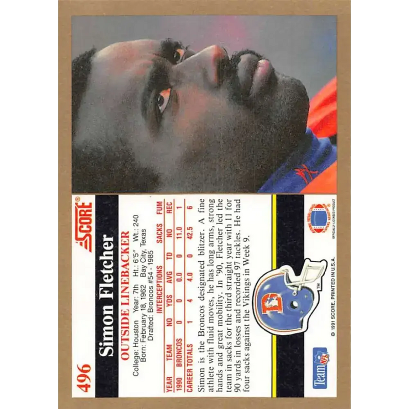 1991 Score #496 Simon Fletcher EX Excellent Denver Broncos Football Card - Football Card Single