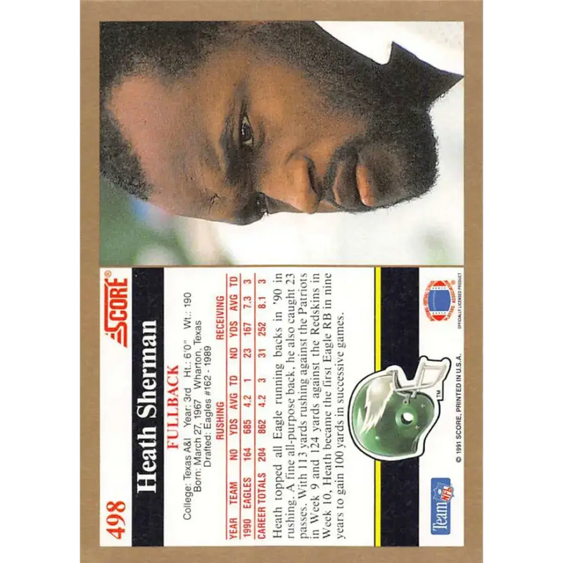 1991 Score #498 Heath Sherman EX Excellent Philadelphia Eagles Football Card