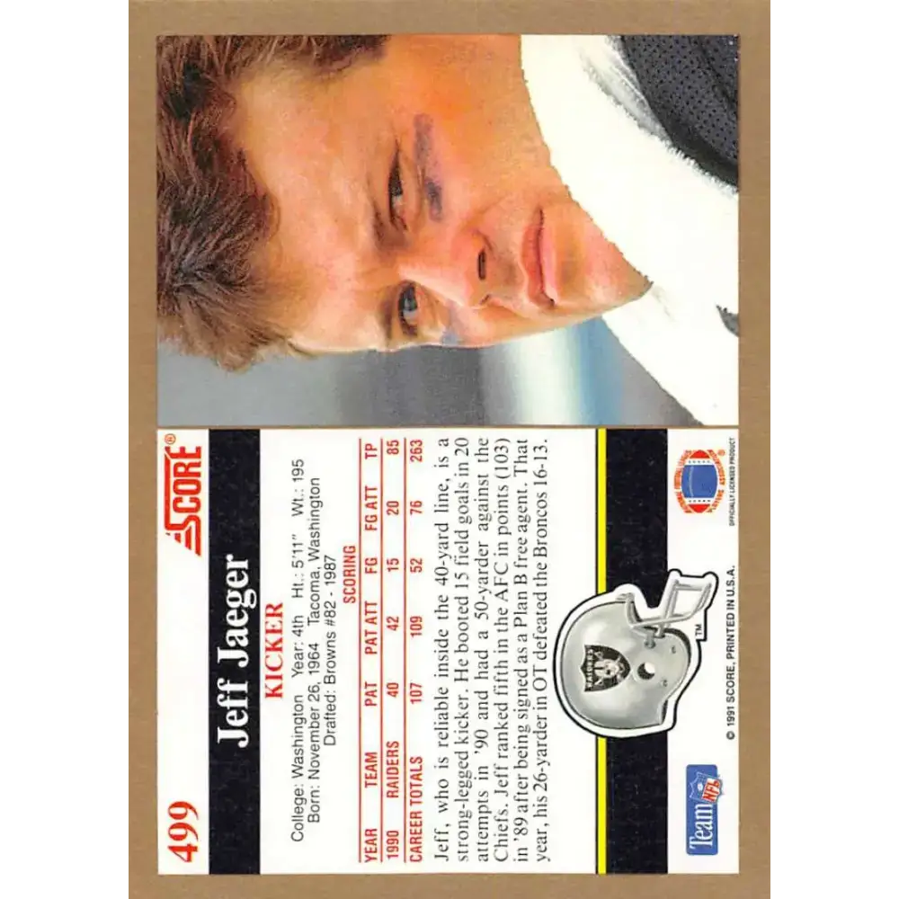 1991 Score #499 Jeff Jaeger EX Excellent Los Angeles Raiders Football Card - Football Card Single