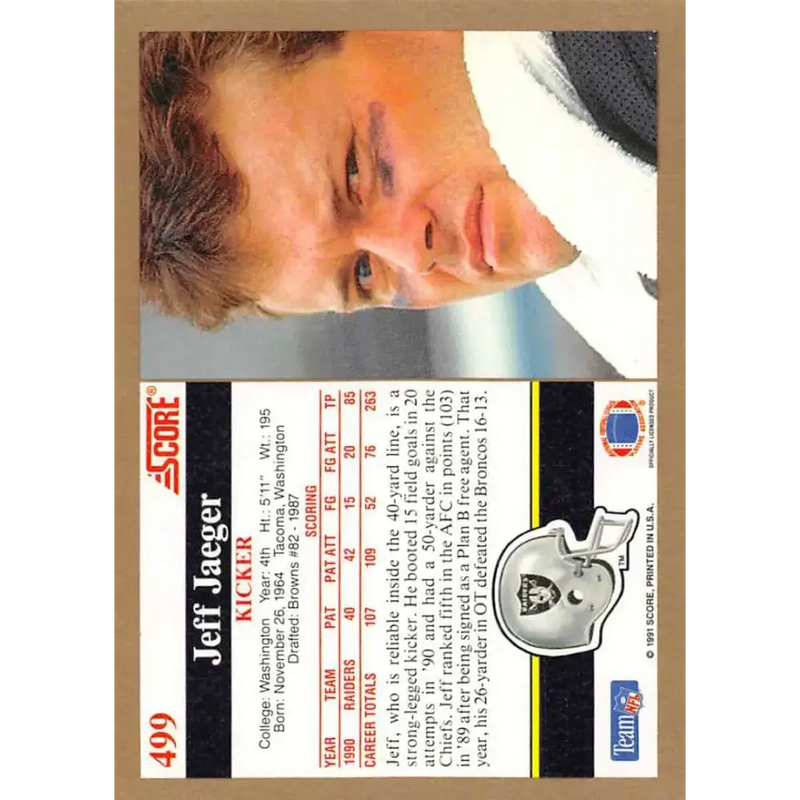 1991 Score #499 Jeff Jaeger EX Excellent Los Angeles Raiders Football Card - Football Card Single