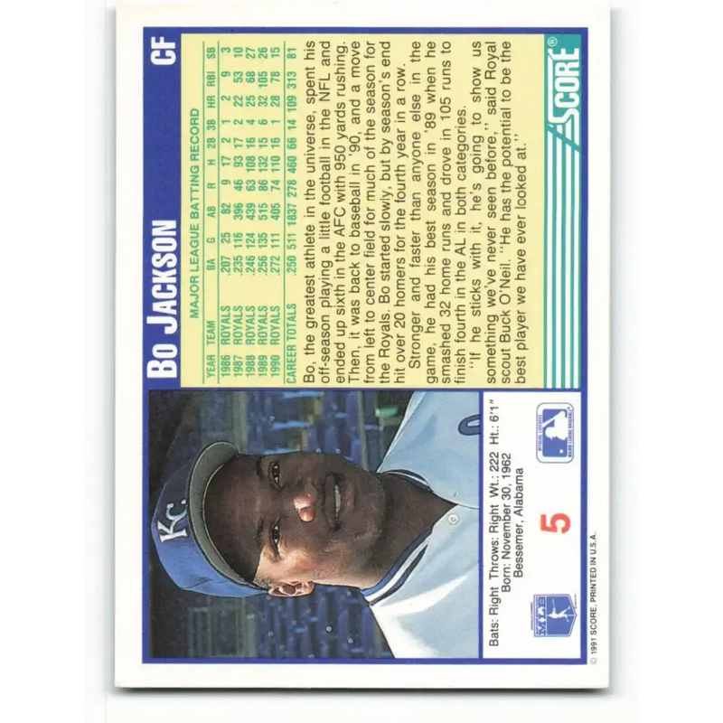 1991 Score #5 Bo Jackson NM-MT Kansas City Royals Baseball Card - Baseball Card Single