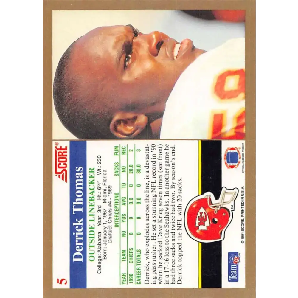 1991 Score #5 Derrick Thomas EX Excellent Kansas City Chiefs Football Card - Football Card Single