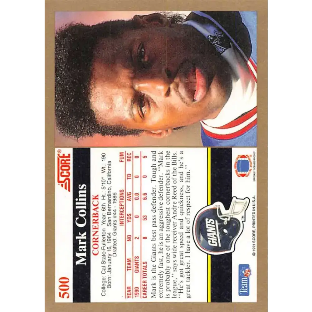 1991 Score #500 Mark Collins EX Excellent New York Giants Football Card - Football Card Single