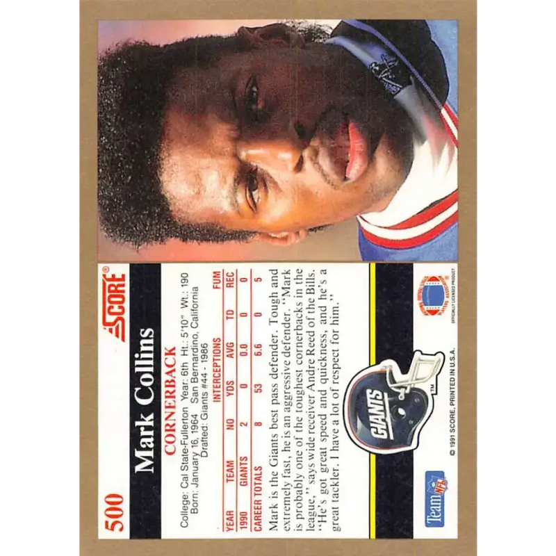 1991 Score #500 Mark Collins EX Excellent New York Giants Football Card - Football Card Single