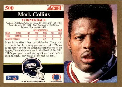 Original gloss 1991 Score Mark Collins football card featuring Mark Collins and Simply Sandoval