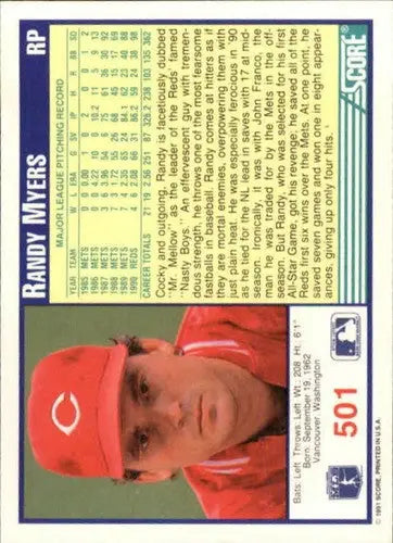 Randy Myers baseball card from 1991 Score #501 with original gloss and Reds branding