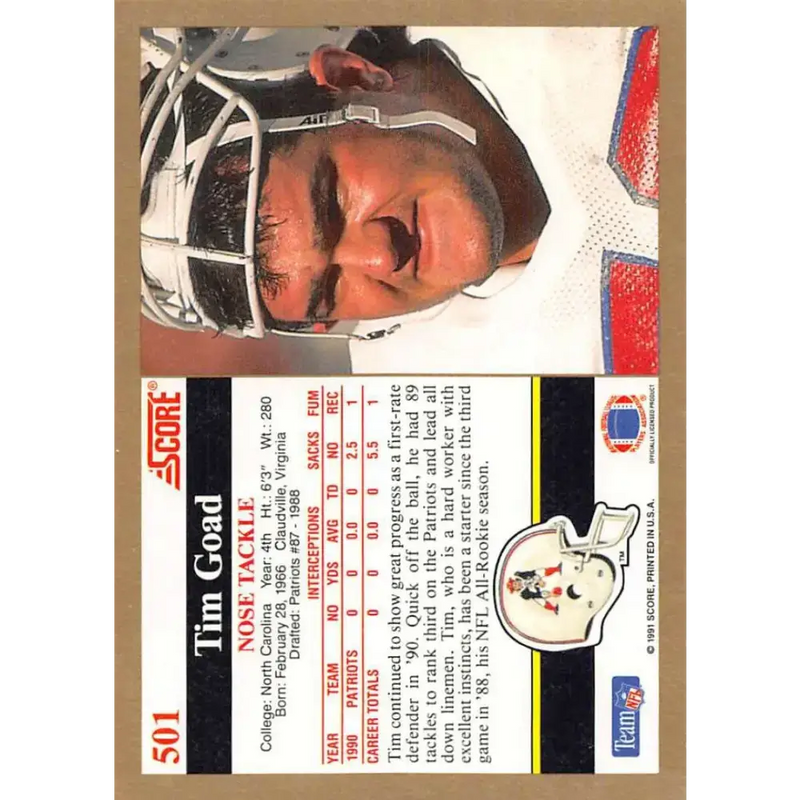 1991 Score #501 Tim Goad EX Excellent New England Patriots Football Card - Football Card Single