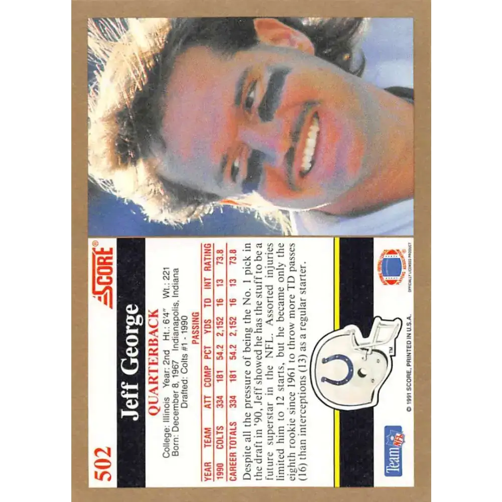 1991 Score #502 Jeff George EX Excellent Indianapolis Colts Football Card - Football Card Single
