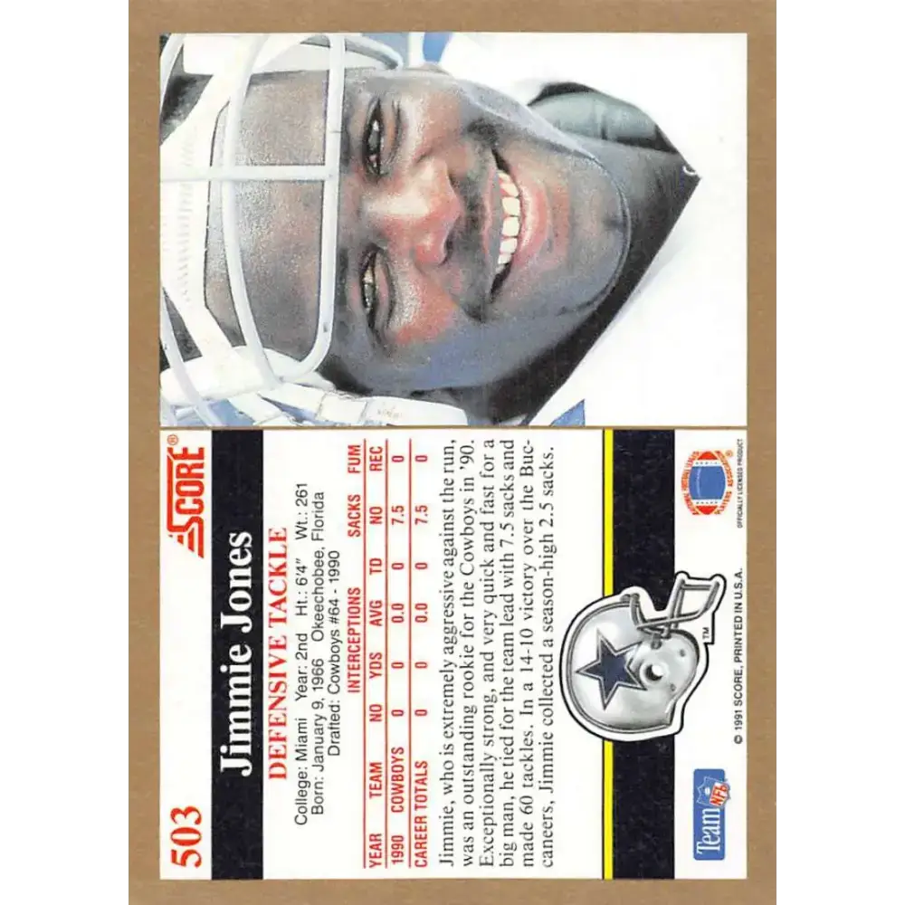 1991 Score #503 Jimmie Jones EX Excellent Dallas Cowboys Football Card - Football Card Single
