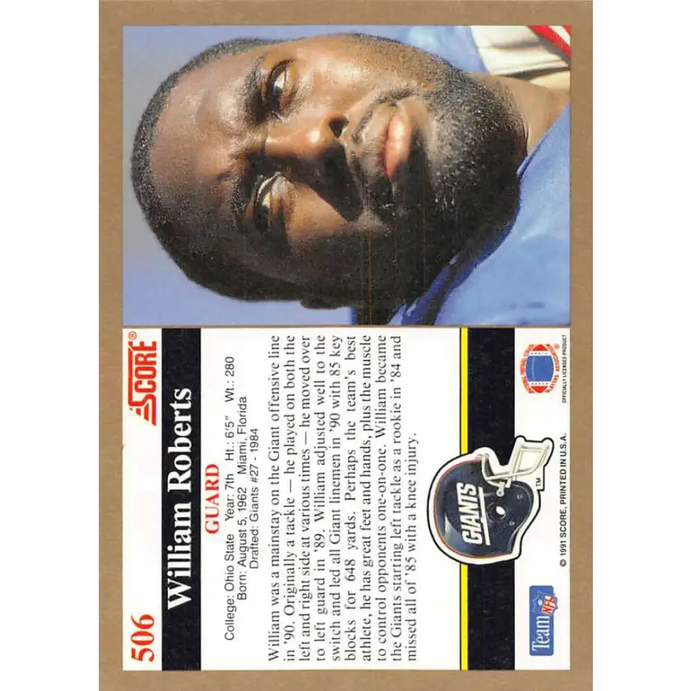 1991 Score #506 William Roberts EX Excellent New York Giants Football Card - Football Card Single