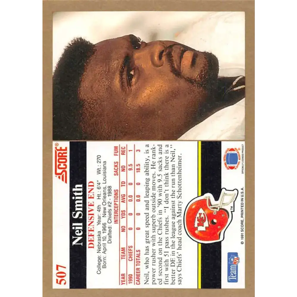 1991 Score #507 Neil Smith EX Excellent Kansas City Chiefs Football Card - Football Card Single