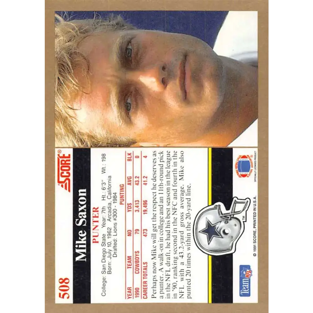 1991 Score #508 Mike Saxon EX Excellent Dallas Cowboys Football Card - Football Card Single