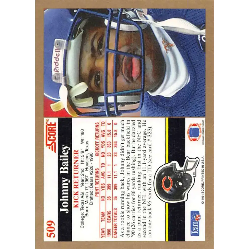 1991 Score #509 Johnny Bailey EX Excellent Chicago Bears Football Card - Football Card Single