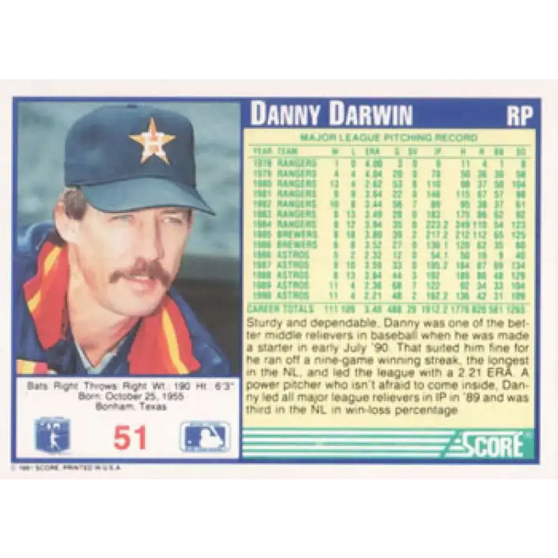 1991 Score #51 Danny Darwin NM-MT Houston Astros Baseball Card - Baseball Card Single