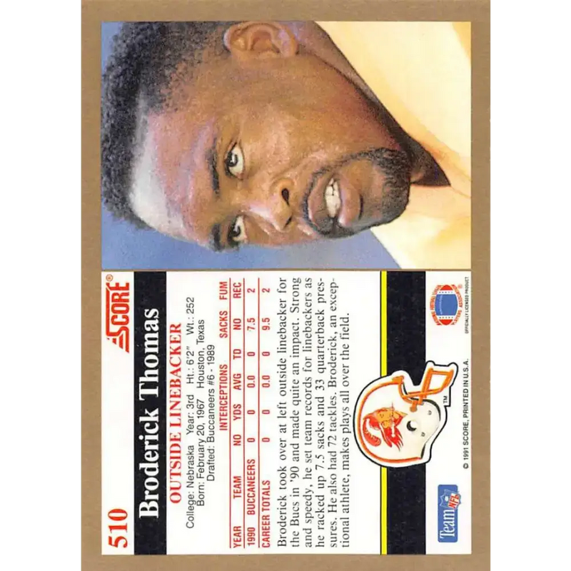 1991 Score #510 Broderick Thomas EX Excellent Tampa Bay Buccaneers Football Card - Football Card Single