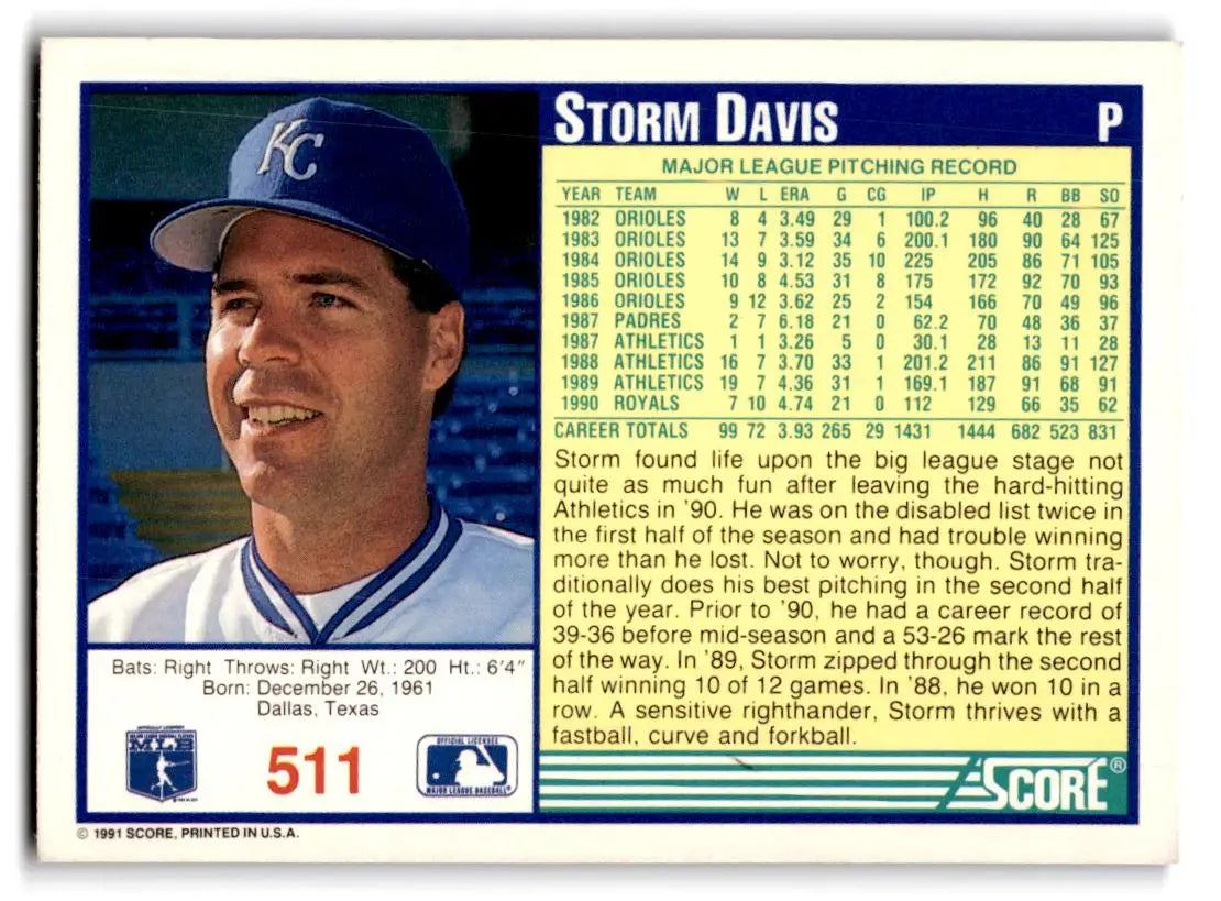 1991 Score #511 Storm Davis - Baseball Card Single