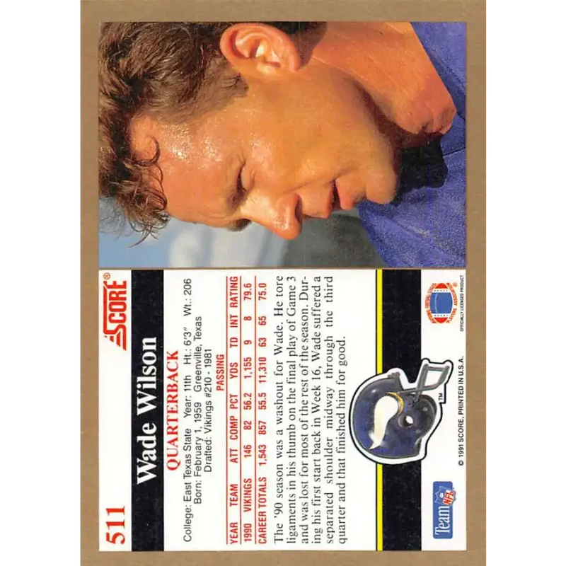 1991 Score #511 Wade Wilson EX Excellent Minnesota Vikings Football Card - Football Card Single