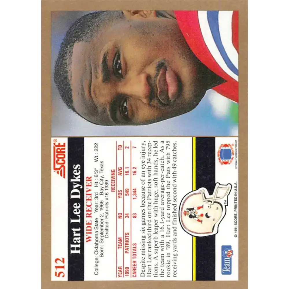 1991 Score #512 Hart Lee Dykes EX Excellent New England Patriots Football Card - Football Card Single