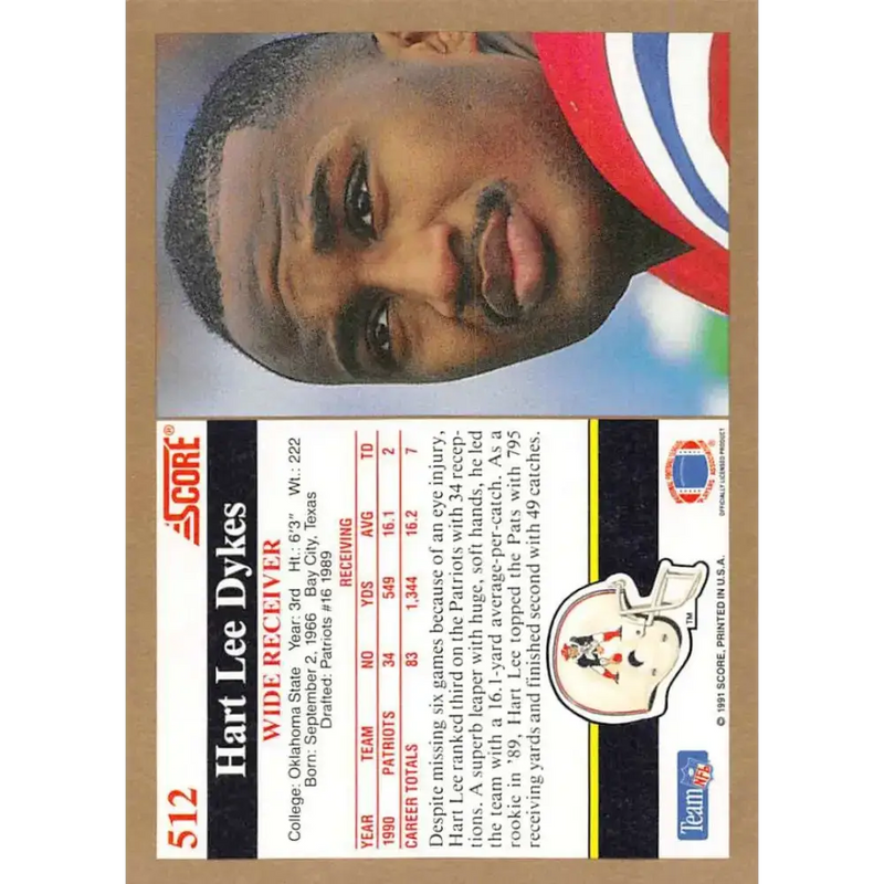 1991 Score #512 Hart Lee Dykes EX Excellent New England Patriots Football Card - Football Card Single
