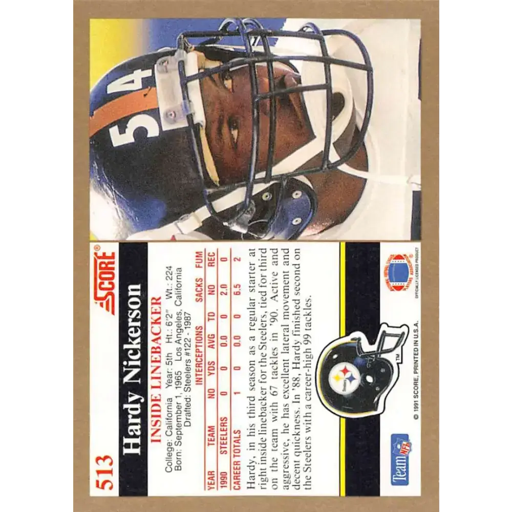 1991 Score #513 Hardy Nickerson EX Excellent Pittsburgh Steelers Football Card - Football Card Single