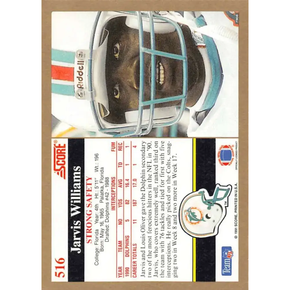 1991 Score #516 Jarvis Williams EX Excellent Miami Dolphins Football Card - Football Card Single