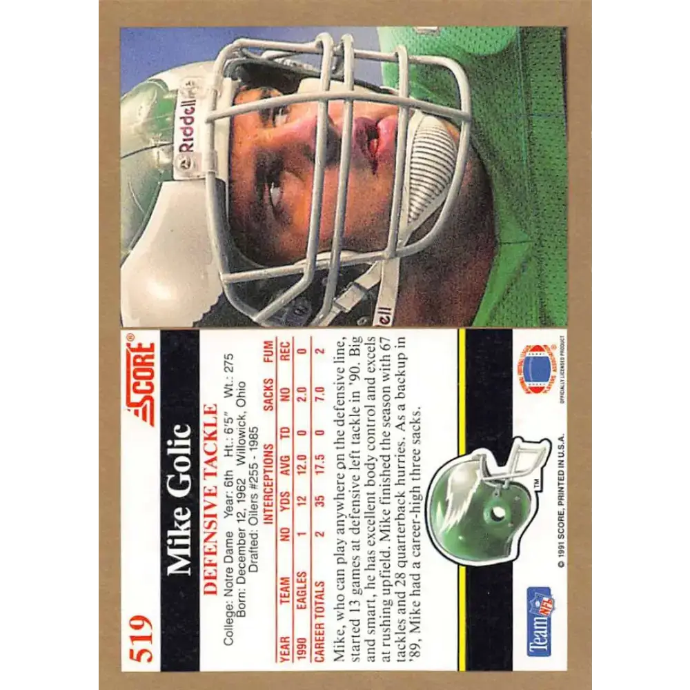 1991 Score #519 Mike Golic EX Excellent Philadelphia Eagles Football Card - Football Card Single