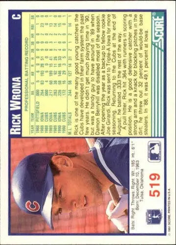 Original gloss Rick Wrona baseball card 1991 Score #519 NM-MT Cubs