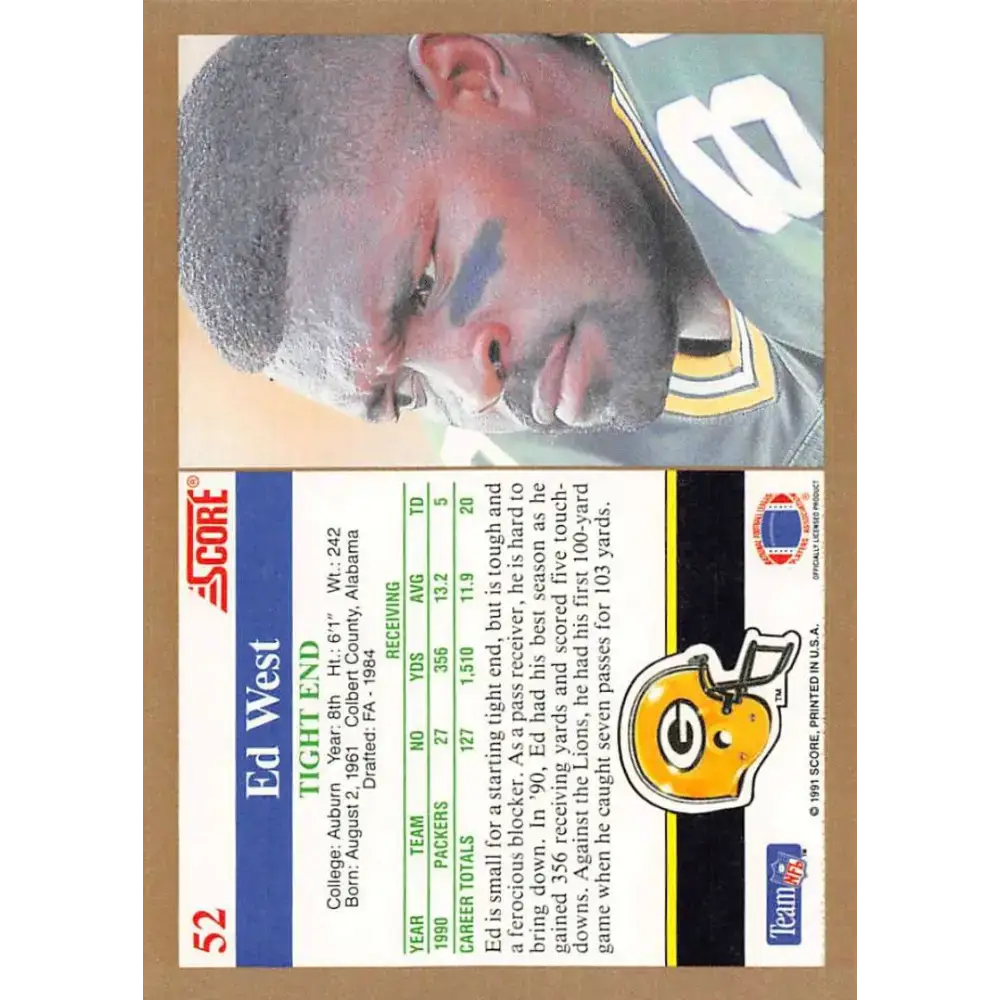1991 Score #52 Ed West EX Excellent Green Bay Packers Football Card - Football Card Single