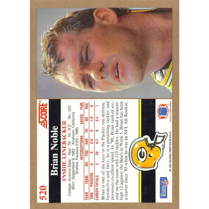 1991 Score #520 Brian Noble EX Excellent Green Bay Packers Football Card - Football Card Single