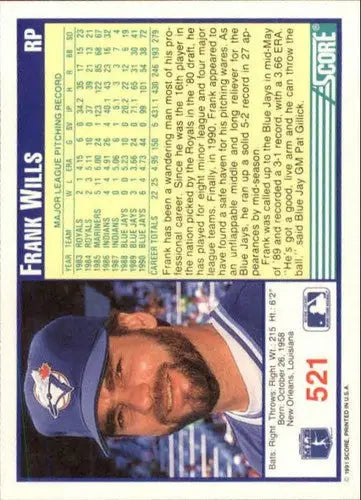 Frank Wills baseball card from 1991 Score #521 featuring Blue Jays object in original gloss