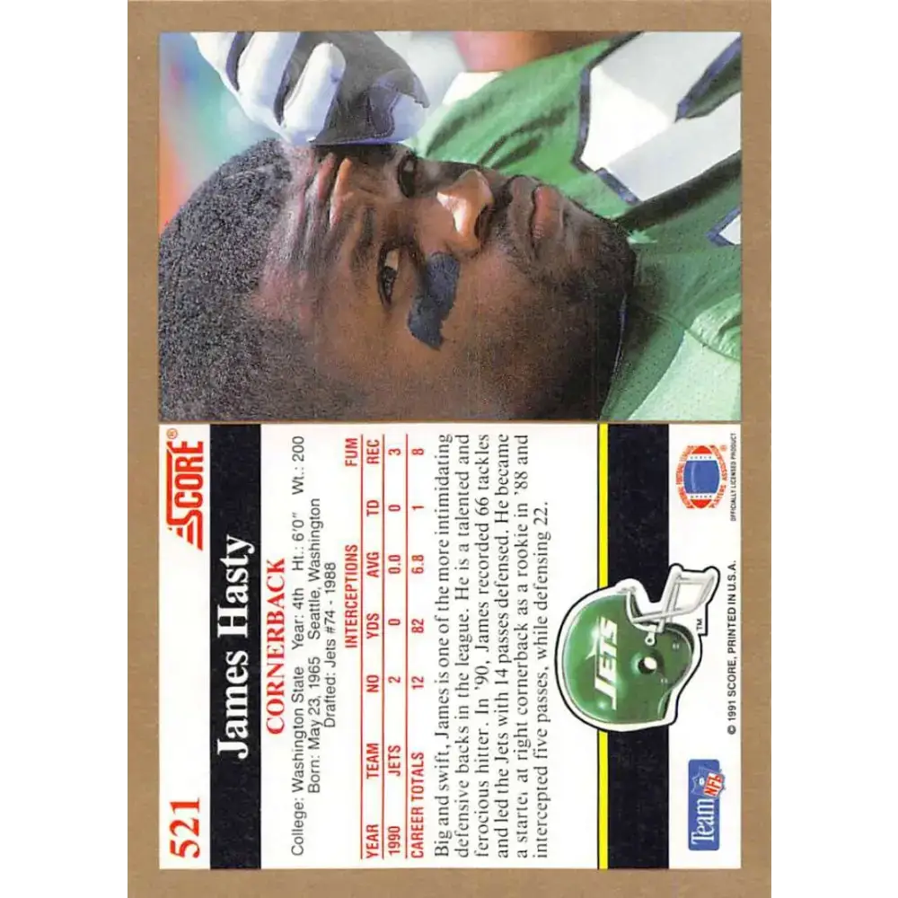 1991 Score #521 James Hasty EX Excellent New York Jets Football Card - Football Card Single