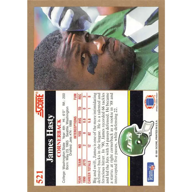 1991 Score #521 James Hasty EX Excellent New York Jets Football Card - Football Card Single