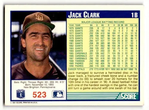 Original gloss Jack Clark San Diego Padres baseball card from 1991 Score #523