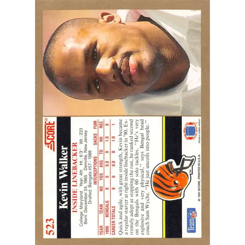 1991 Score #523 Kevin Walker EX Excellent RC Rookie Cincinnati Bengals Football Card - Football Card Single