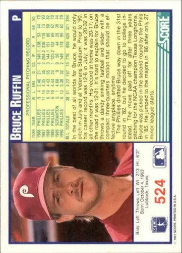 Original gloss 1991 Score #524 Bruce Ruffin Phillies baseball card featuring Bruce Ruffin artwork