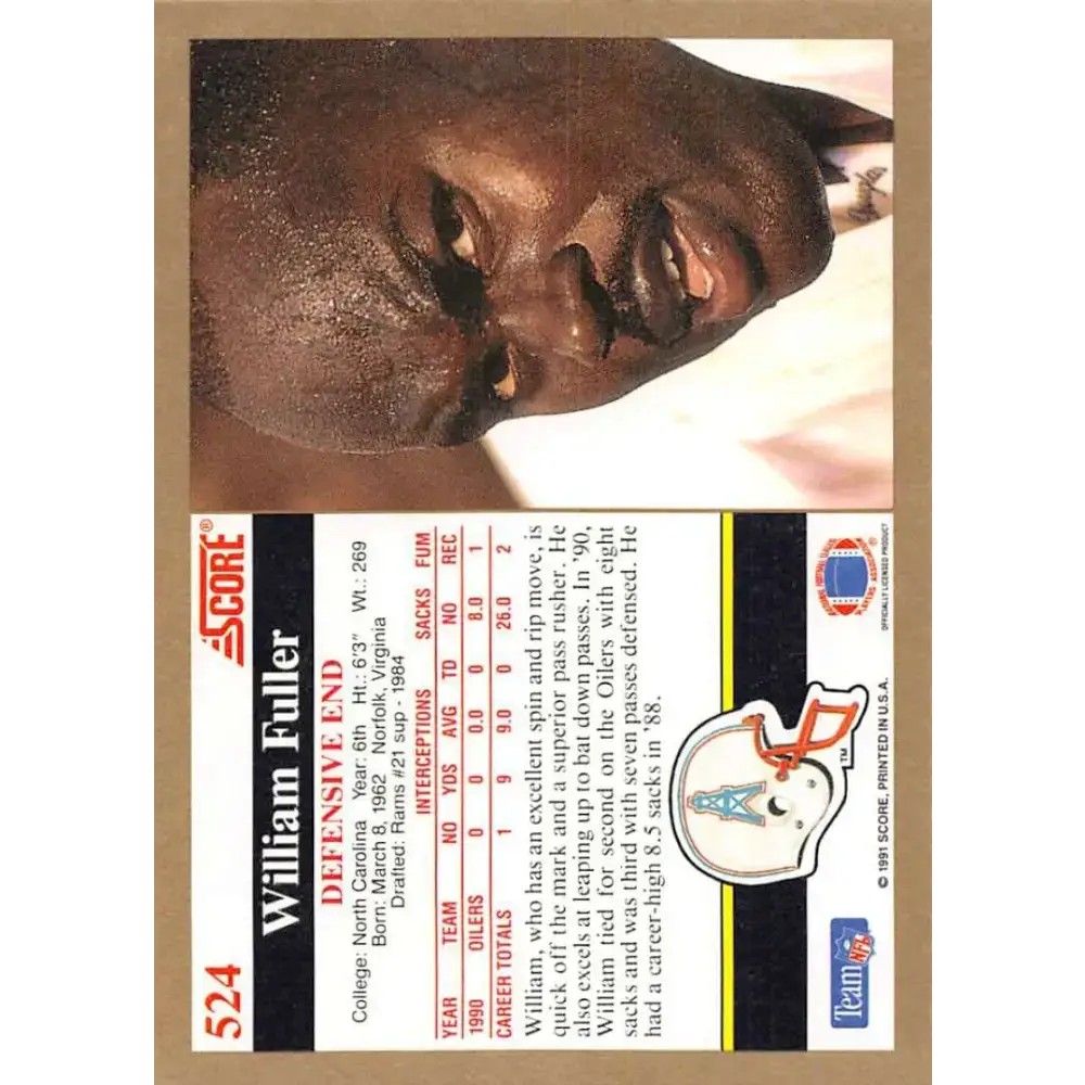 1991 Score #524 William Fuller EX Excellent Houston Oilers Football Card - Football Card Single