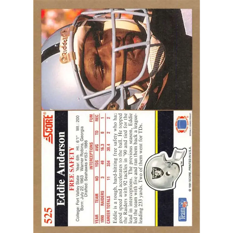 1991 Score #525 Eddie Anderson EX Excellent Los Angeles Raiders Football Card - Football Card Single