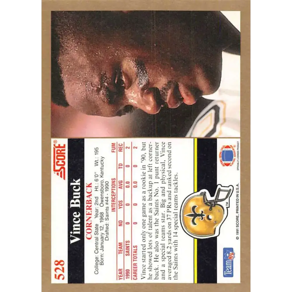 1991 Score #528 Vince Buck EX Excellent New Orleans Saints Football Card - Football Card Single