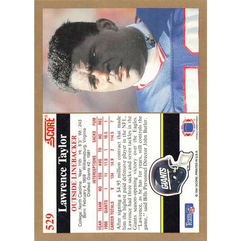 1991 Score #529 Lawrence Taylor EX Excellent New York Giants Football Card