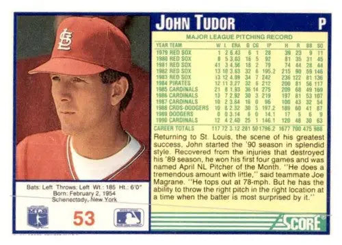 Original gloss John Tudor baseball card from 1991 Score #53 featuring Simply Sandoval