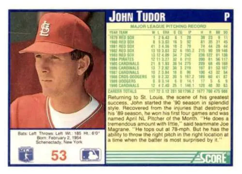 1991 Score #53 John Tudor EX/NM baseball card with original gloss for collectors