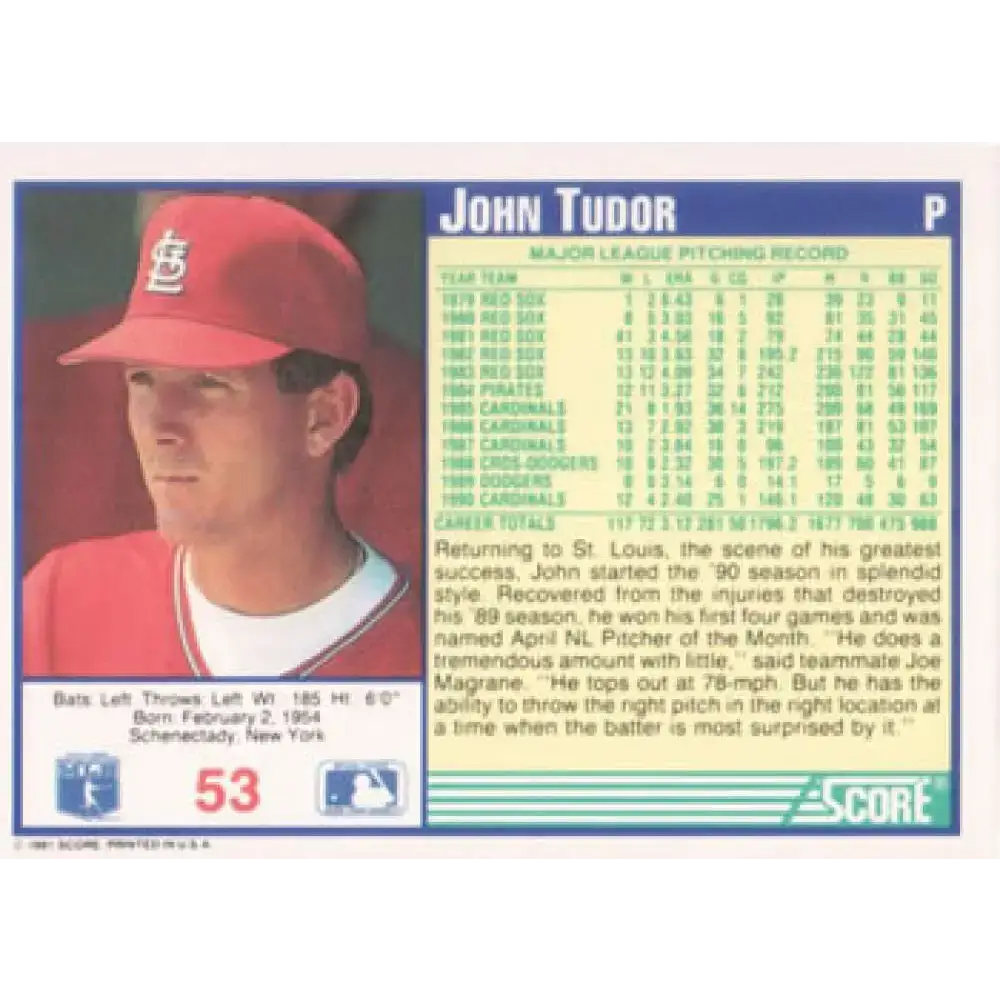 1991 Score #53 John Tudor UER NM-MT St. Louis Cardinals Baseball Card - Baseball Card Single